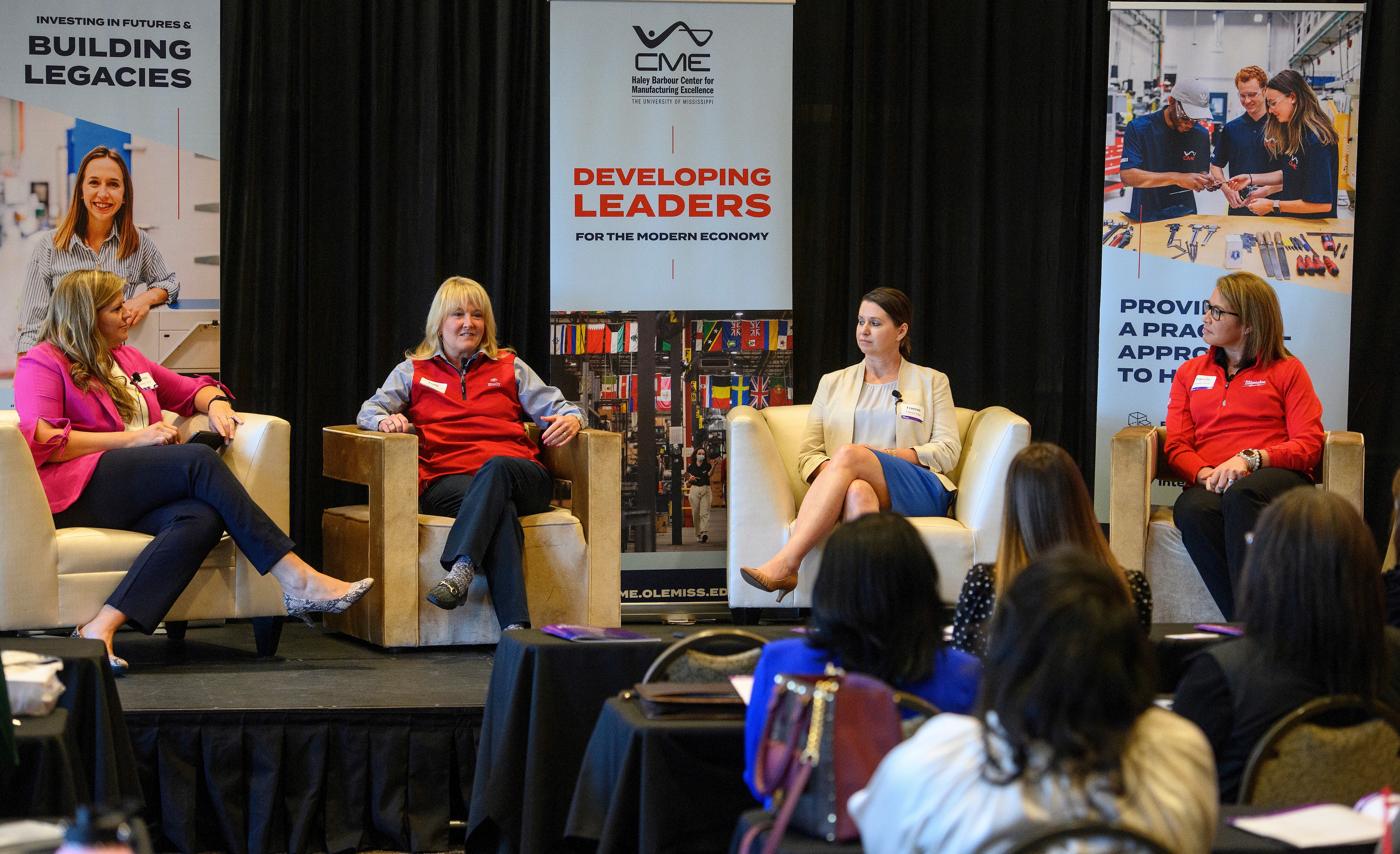 Panelists discuss career development during STEP Forward: Advancing Women in Manufacturing, a networking event targeting female students, young professionals and industry leaders held by the Haley Barbour Center for Manufacturing Excellence at the University of Mississippi in March 2022.